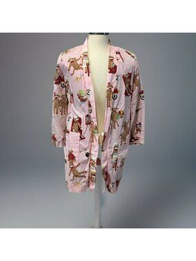 Nick & Nora Pajama Robe Loungewear S/M Sleepwear Pink Sock Monkey NO BELT